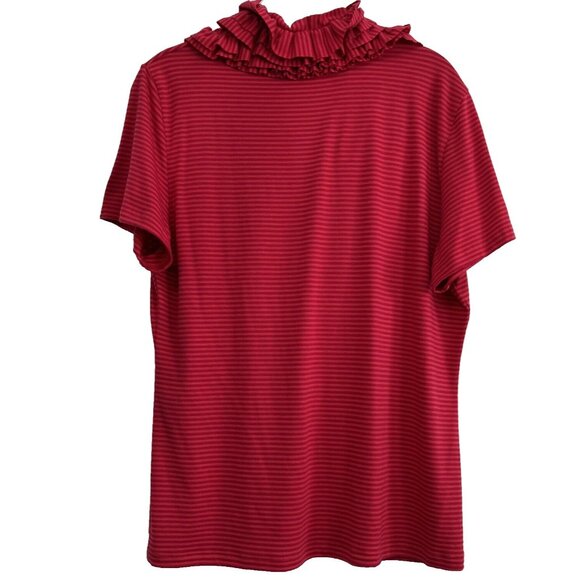 Soft Surroundings Womens Top M Red Stripe Ruffled V Neck Short Sleeve Stretch - Picture 2 of 7